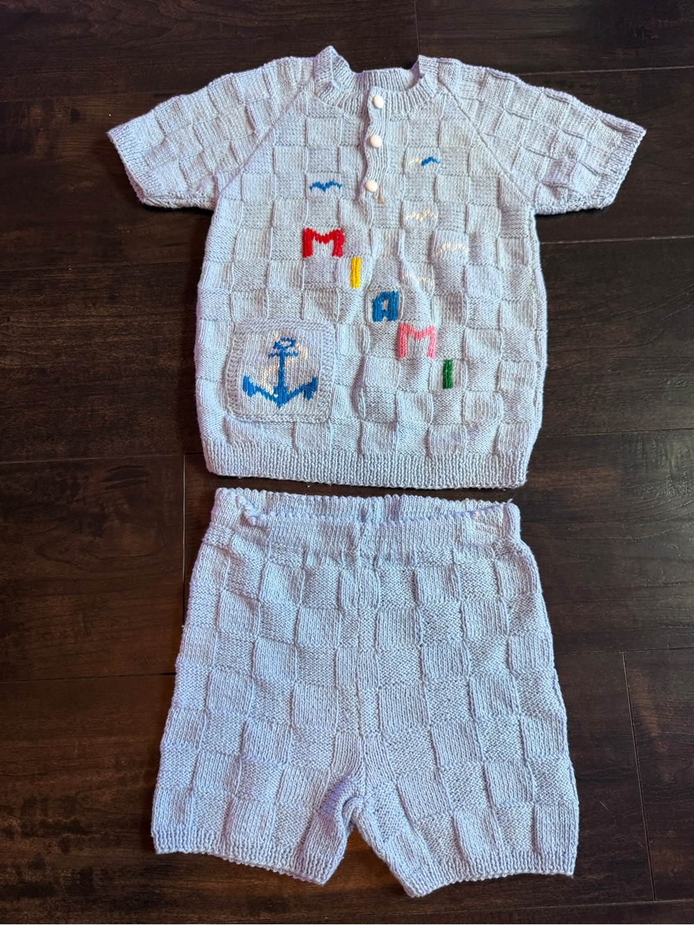 Handknit Light Blue Baby Two-Piece Set with Anchor Detail
